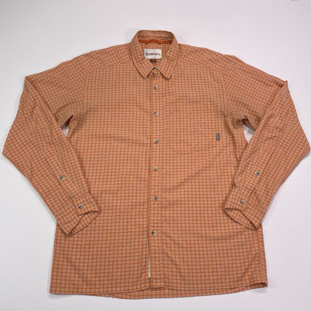 Simms Performance Shirt Mens Medium Orange Plaid Long Sleeve Fishing Outdoors